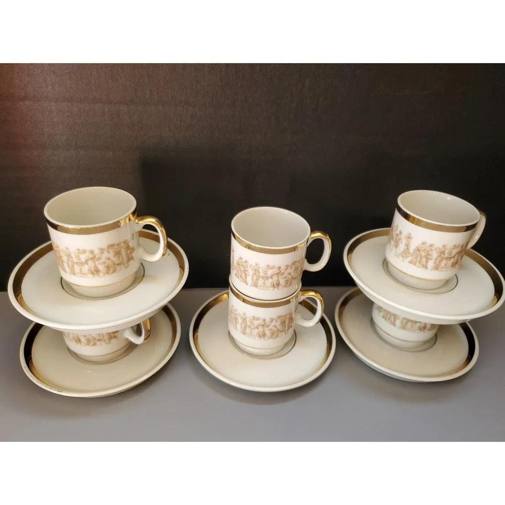 Royal Crown Espresso Cups & Saucers Set 6 Demitasse Gold Greek Key‎